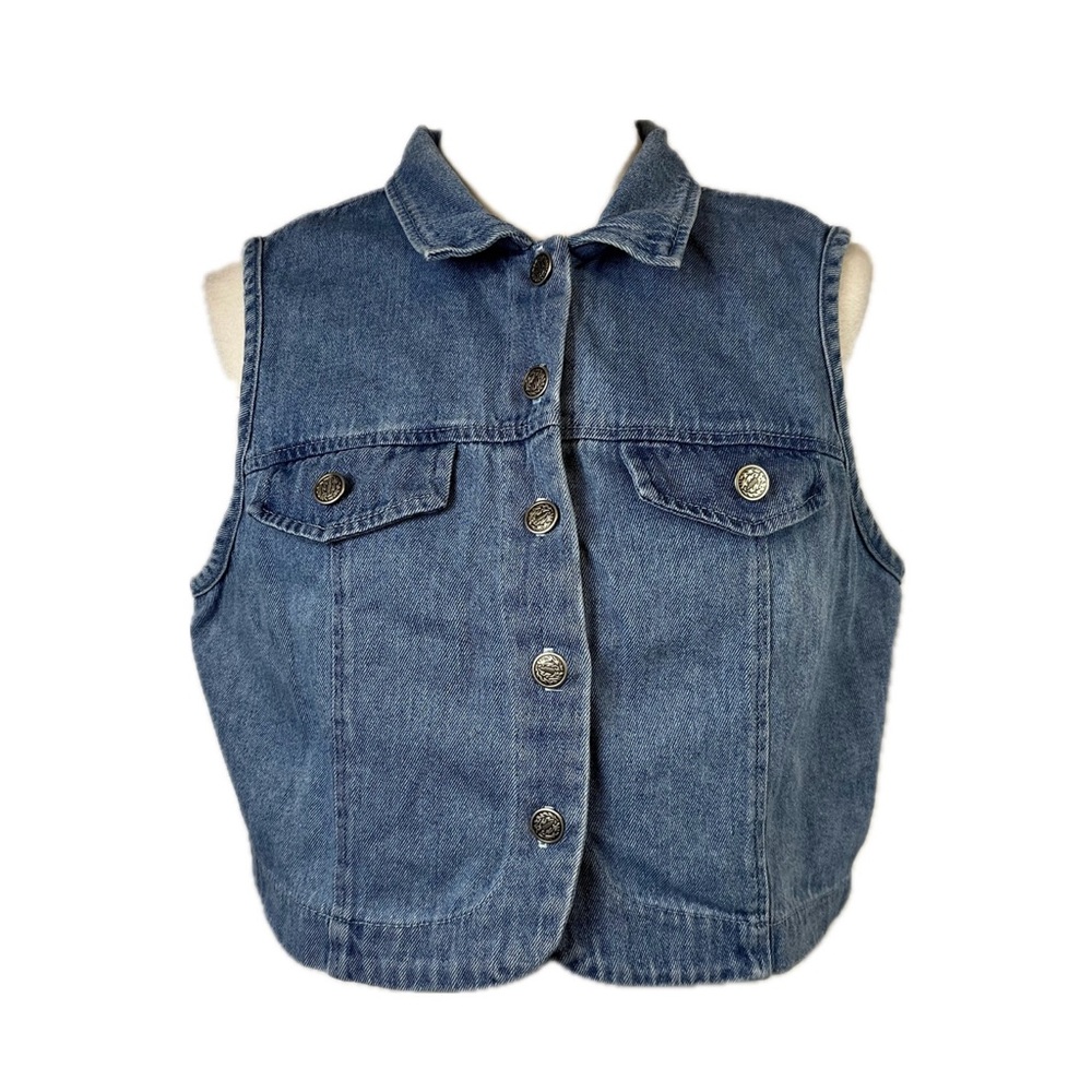 Vintage Studio Ease Denim Vest Top Size L EST Tag Sz 16 Boxy 90s Western Cottage